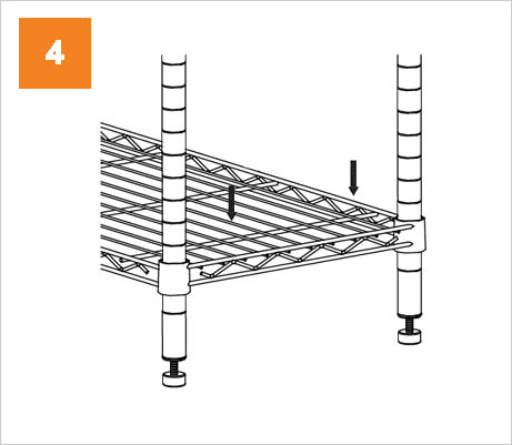 Step 4 in construction, image showing shelf with down arrows to
indicate repeating step 3 and sliding the shelves down the pole to the
tapered sleeve
