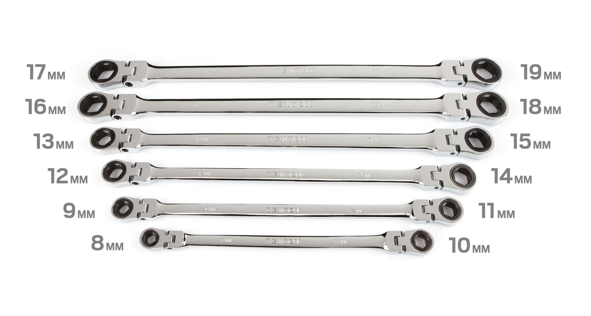 Sizes of ratcheting wrenches included in 6-piece set