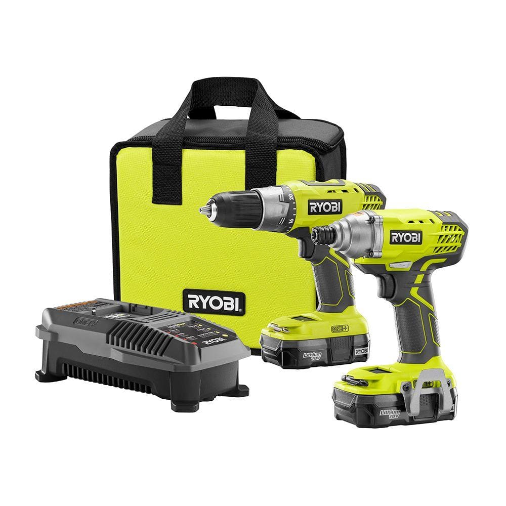 Ryobi 18-Volt One+ Lithium-Ion Cordless Drill/Driver and Impact Driver Combo Kit with (2) 1.3Ah Batteries, Charger and Bag
