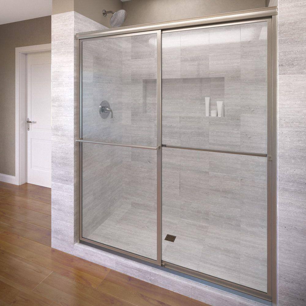 basco deluxe 40 in. x 68 in. framed sliding shower door in brushed