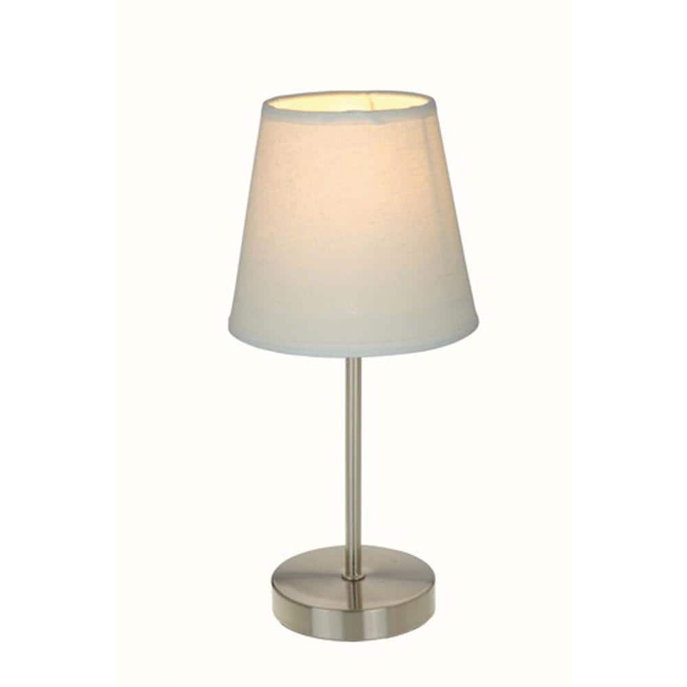 Small Modern Nightstand Lamp   White Fabric Shade and Brushed Sand Nickel Base 