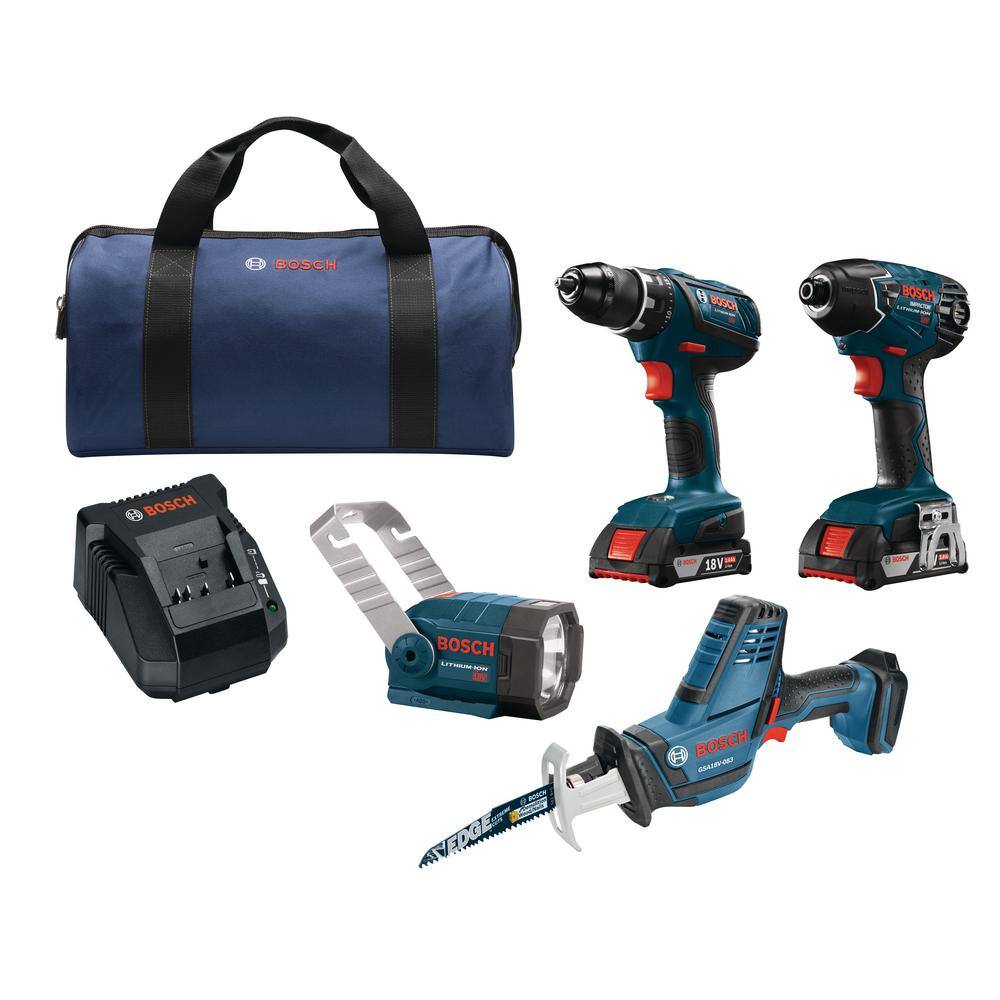 Bosch 18-Volt Lithium-Ion Cordless Drill/Driver, Recip Saw, Impact Driver and Flashlight Power Tool Combo Kit (4-Tool)